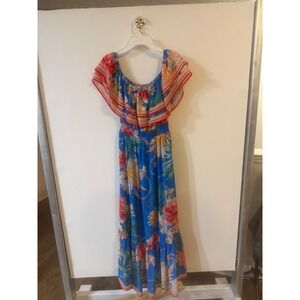 Kiki LaRue Blue Floral Chain Print Off Shoulder High Low Maxi Dress Small